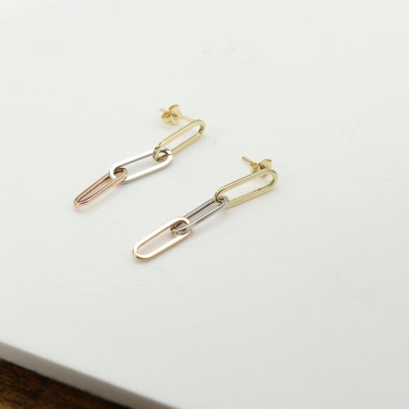 3 Color Gold Paperclip Earrings 5mm   1.5' Inch long Dangle Earrings Real 14k Go - Picture 8 of 9